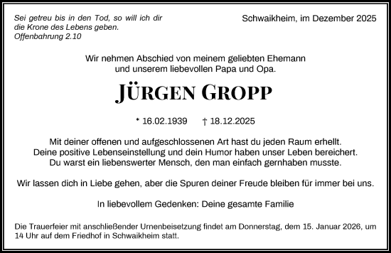 Traueranzeige von Jürgen Gropp von Waiblinger Kreiszeitung