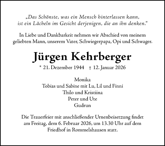 Traueranzeige von Jürgen Kehrberger von Waiblinger Kreiszeitung