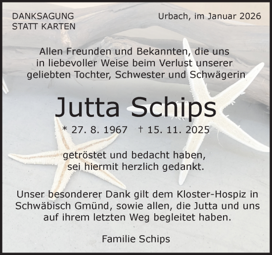 Traueranzeige von Jutta Schips von Waiblinger Kreiszeitung