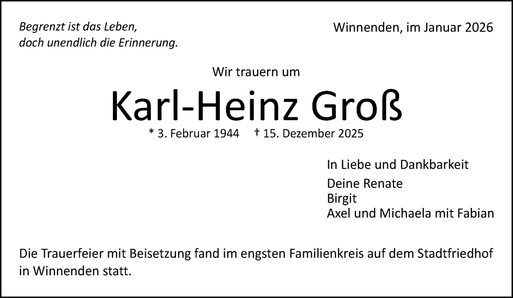  Traueranzeige für Karl-Heinz Groß vom 10.01.2026 aus Waiblinger Kreiszeitung
