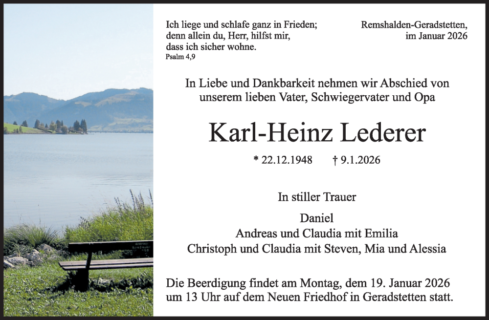  Traueranzeige für Karl-Heinz Lederer vom 14.01.2026 aus Waiblinger Kreiszeitung