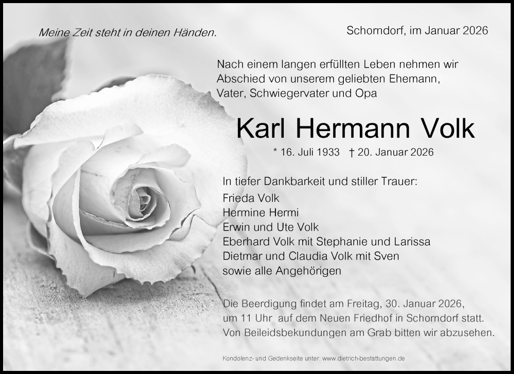  Traueranzeige für Karl Hermann Volk vom 26.01.2026 aus Waiblinger Kreiszeitung
