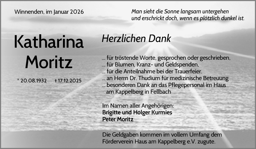  Traueranzeige für Katharina Moritz vom 17.01.2026 aus Waiblinger Kreiszeitung