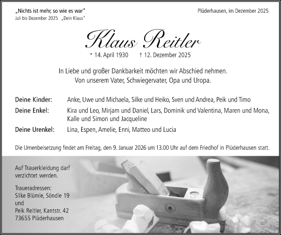 Traueranzeige von Klaus Reitler von Waiblinger Kreiszeitung