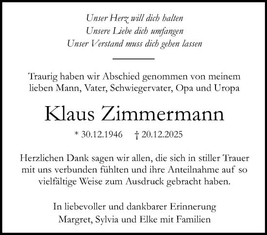 Traueranzeige von Klaus Zimmermann von Waiblinger Kreiszeitung