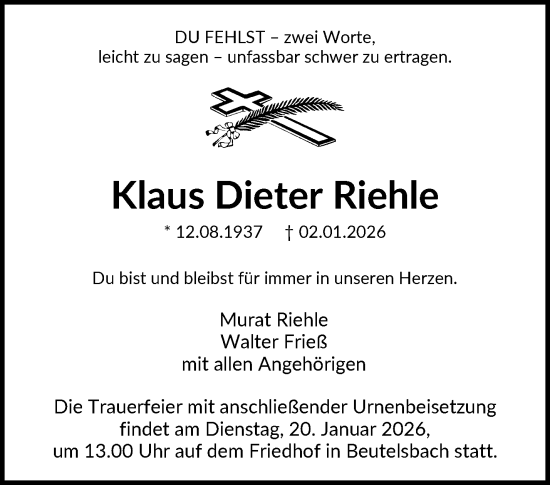 Traueranzeige von Klaus Dieter Riehle von Waiblinger Kreiszeitung