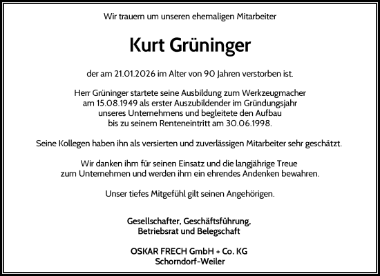 Traueranzeige von Kurt Grüninger von Waiblinger Kreiszeitung