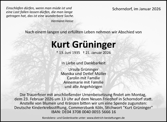Traueranzeige von Kurt Grüninger von Waiblinger Kreiszeitung