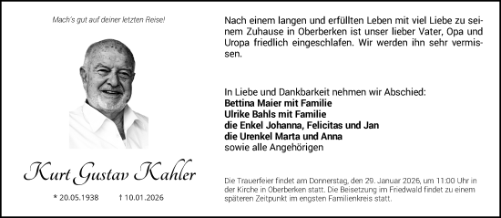 Traueranzeige von Kurt Gustav Kahler von Waiblinger Kreiszeitung