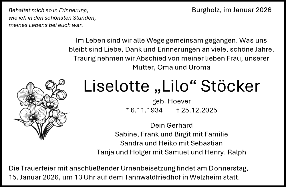  Traueranzeige für Liselotte Stöcker vom 07.01.2026 aus Waiblinger Kreiszeitung