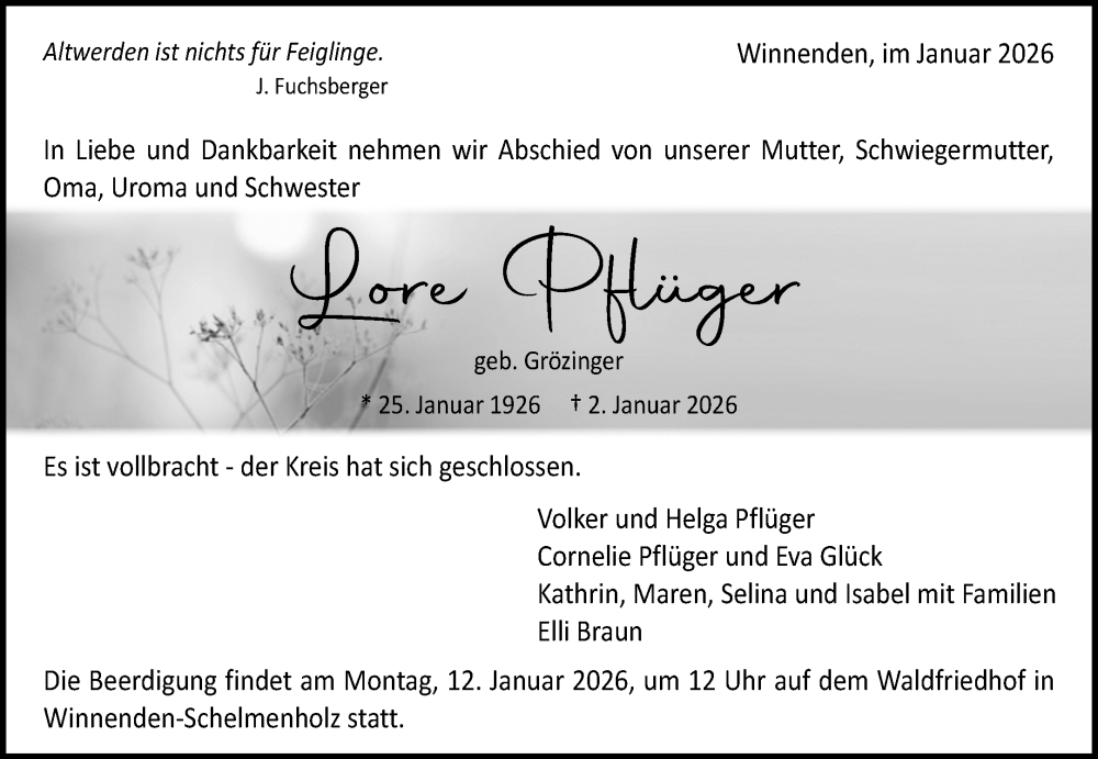  Traueranzeige für Lore Pflüger vom 07.01.2026 aus Waiblinger Kreiszeitung