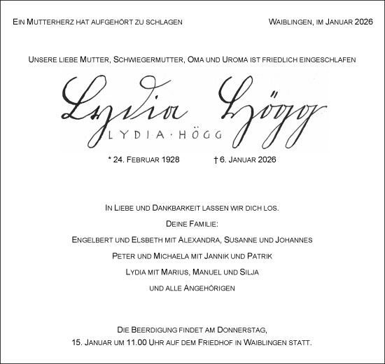 Traueranzeige von Lydia Högg von Waiblinger Kreiszeitung