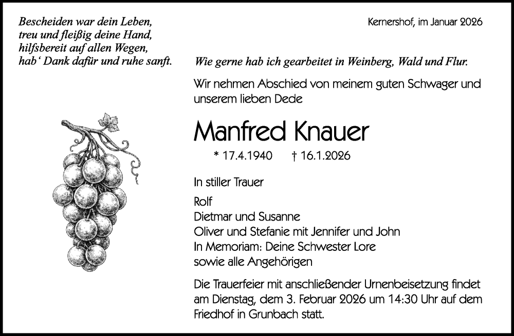  Traueranzeige für Manfred Knauer vom 24.01.2026 aus Waiblinger Kreiszeitung