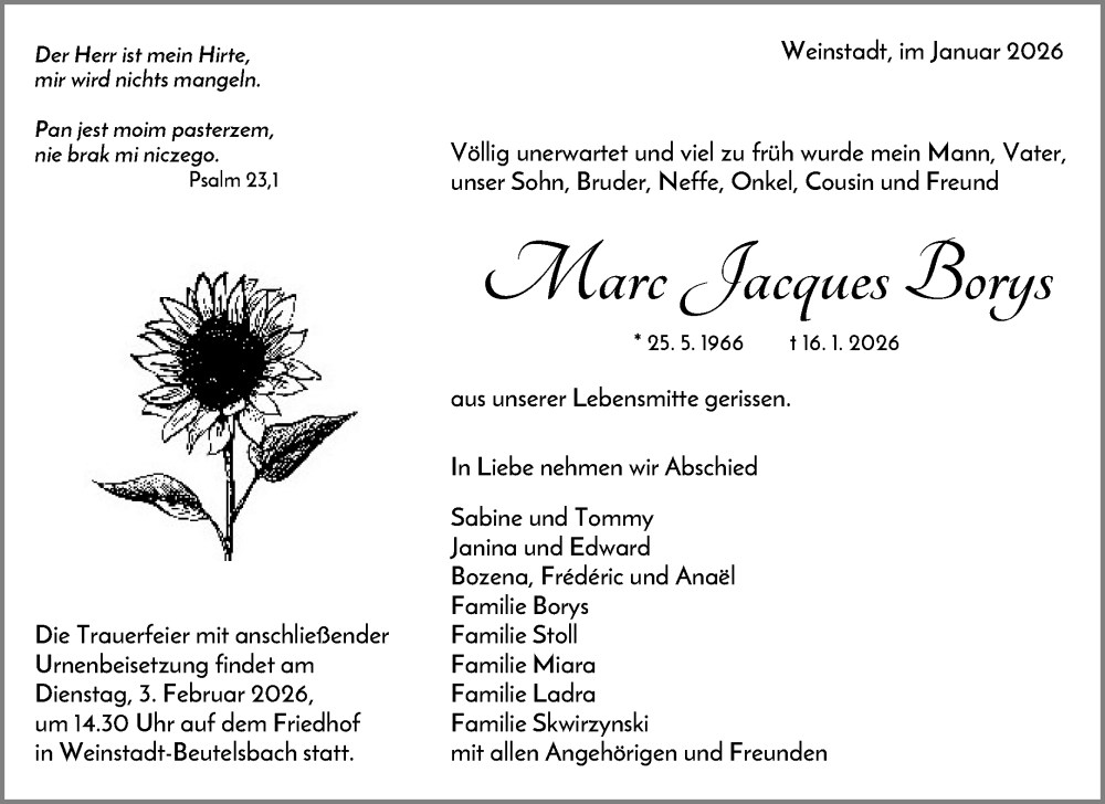  Traueranzeige für Marc Jacques Borys vom 31.01.2026 aus Waiblinger Kreiszeitung