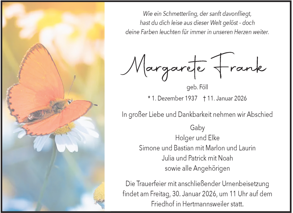  Traueranzeige für Margarete Frank vom 26.01.2026 aus Waiblinger Kreiszeitung