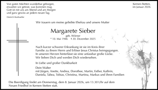 Traueranzeige von Margarete Sieber von Waiblinger Kreiszeitung