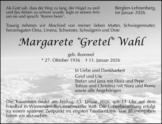 Traueranzeige von Margarete Wahl von Waiblinger Kreiszeitung