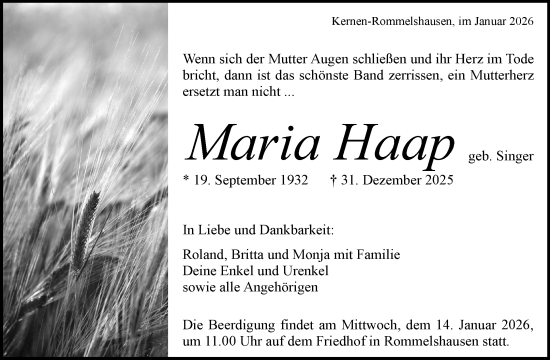Traueranzeige von Maria Haap von Waiblinger Kreiszeitung