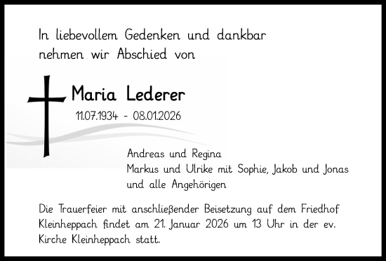 Traueranzeige von Maria Lederer von Waiblinger Kreiszeitung
