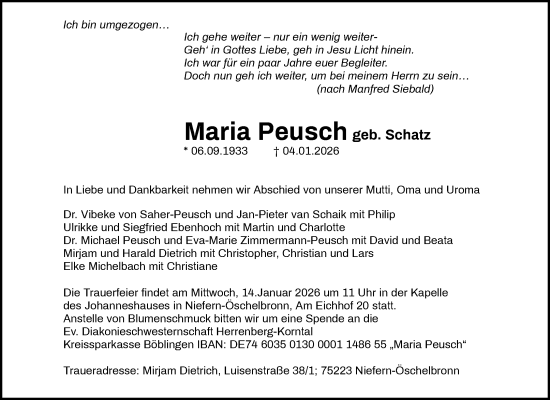 Traueranzeige von Maria Peusch von Waiblinger Kreiszeitung