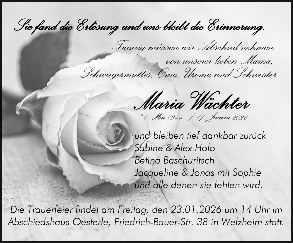  Traueranzeige für Maria Wächter vom 20.01.2026 aus Waiblinger Kreiszeitung