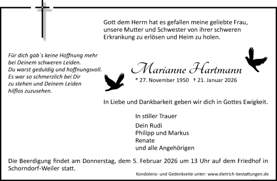 Traueranzeige von Marianne Hartmann von Waiblinger Kreiszeitung