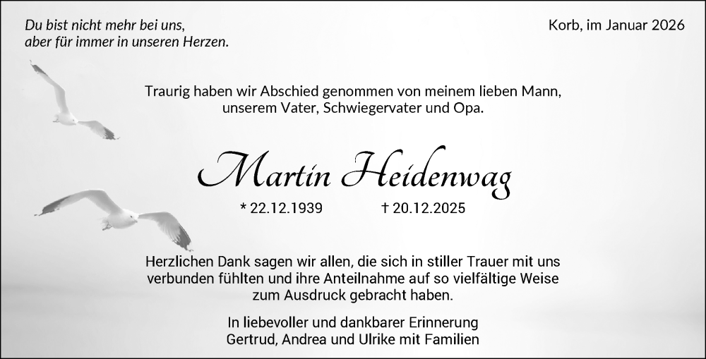  Traueranzeige für Martin Heidenwag vom 24.01.2026 aus Waiblinger Kreiszeitung