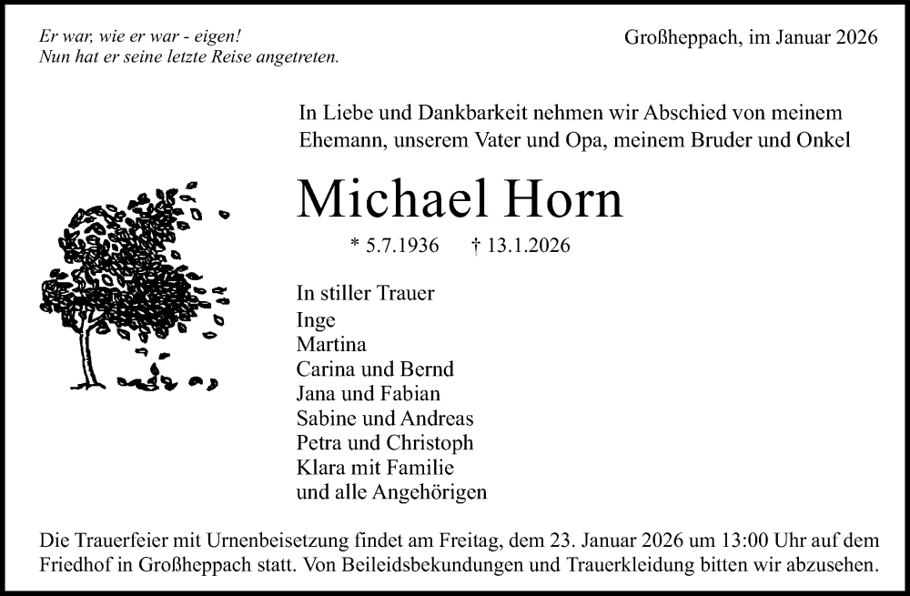  Traueranzeige für Michael Horn vom 17.01.2026 aus Waiblinger Kreiszeitung