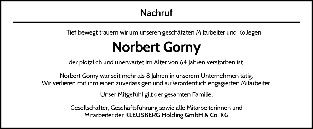  Traueranzeige für Norbert Gorny vom 15.01.2026 aus Waiblinger Kreiszeitung