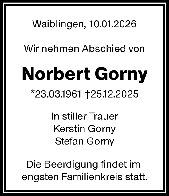 Traueranzeige von Norbert Gorny von Waiblinger Kreiszeitung