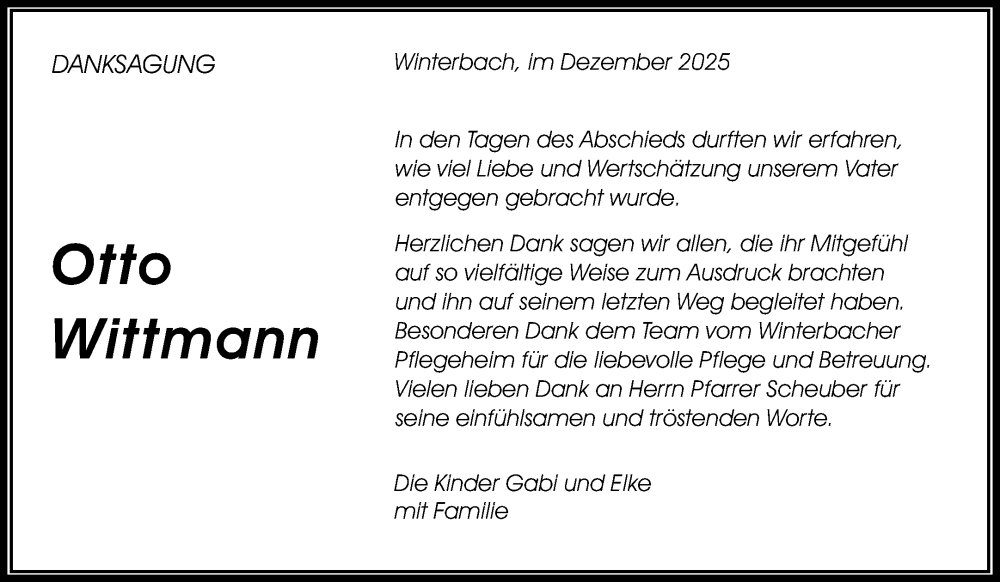  Traueranzeige für Otto Wittmann vom 08.01.2026 aus Waiblinger Kreiszeitung