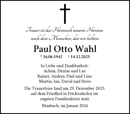 Traueranzeige von Paul Otto Wahl von Waiblinger Kreiszeitung