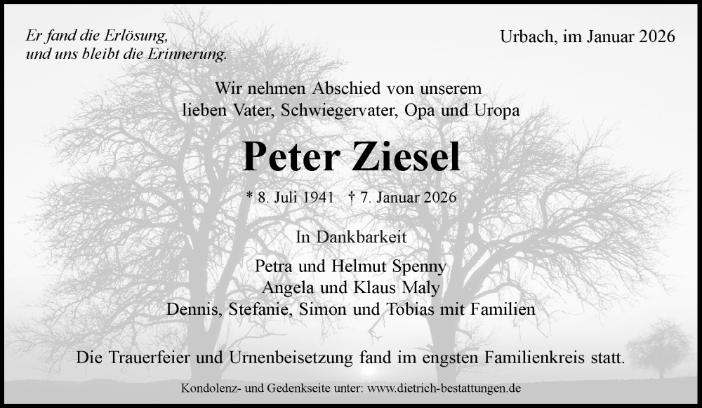  Traueranzeige für Peter Ziesel vom 17.01.2026 aus Waiblinger Kreiszeitung