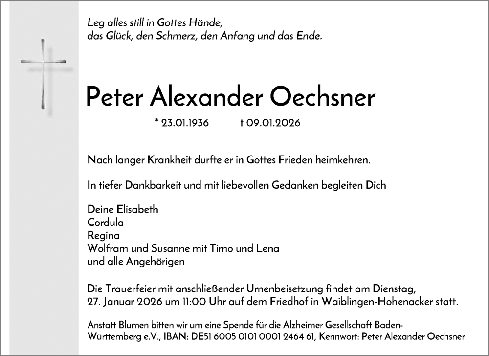  Traueranzeige für Peter Alexander Oechsner vom 21.01.2026 aus Waiblinger Kreiszeitung