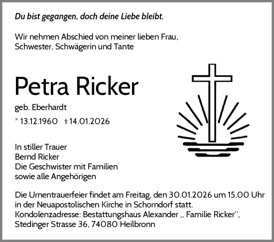 Traueranzeige von Petra Ricker von Waiblinger Kreiszeitung