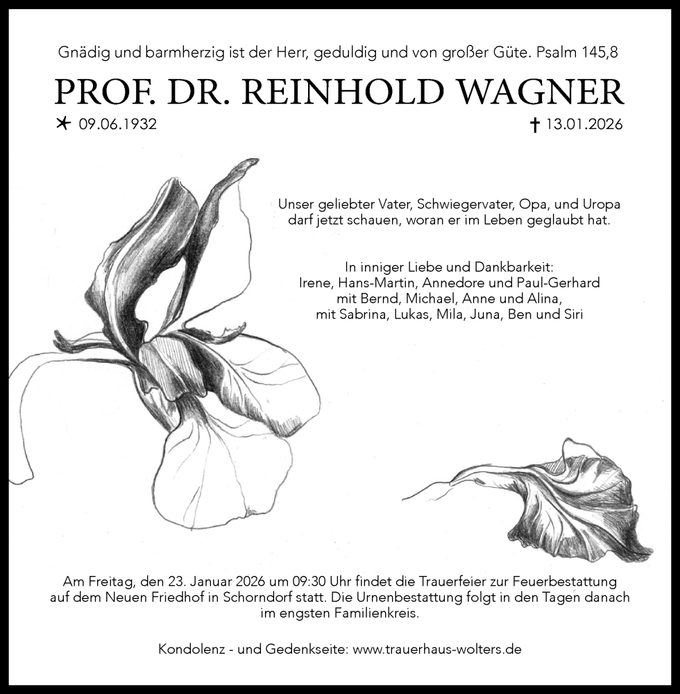  Traueranzeige für Reinhold Wagner vom 17.01.2026 aus Waiblinger Kreiszeitung