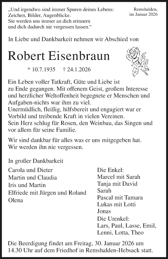 Traueranzeige von Robert Eisenbraun von Waiblinger Kreiszeitung
