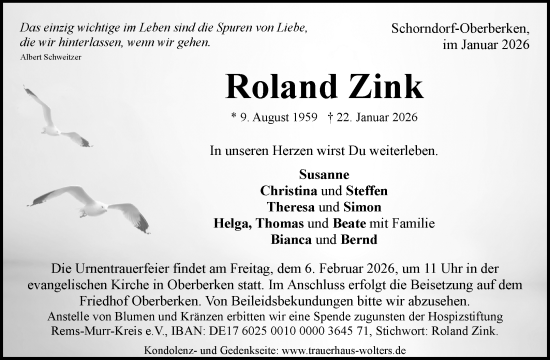 Traueranzeige von Roland Zink von Waiblinger Kreiszeitung