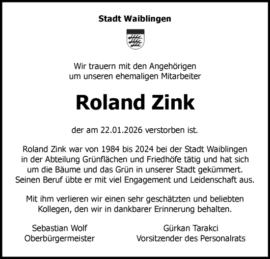 Traueranzeige von Roland Zink von Waiblinger Kreiszeitung