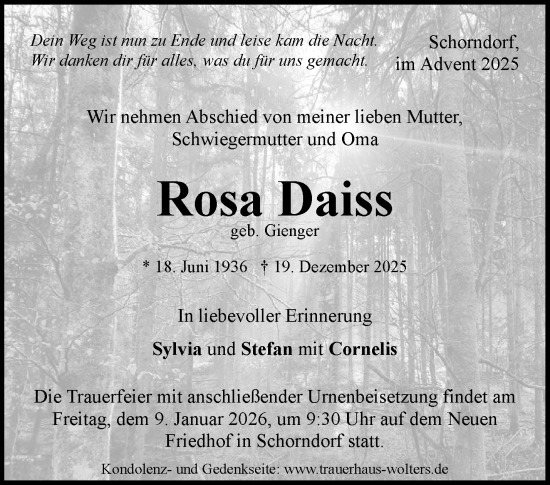 Traueranzeige von Rosa Daiss von Waiblinger Kreiszeitung