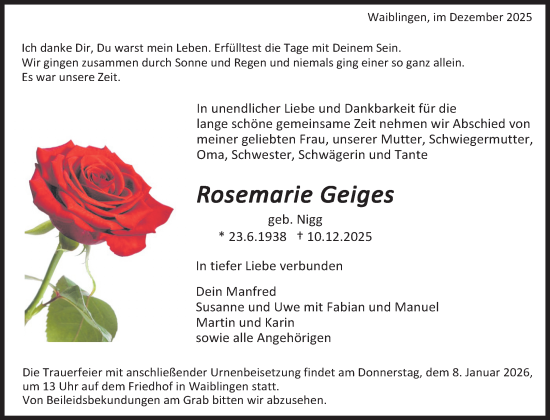 Traueranzeige von Rosemarie Geiges von Waiblinger Kreiszeitung