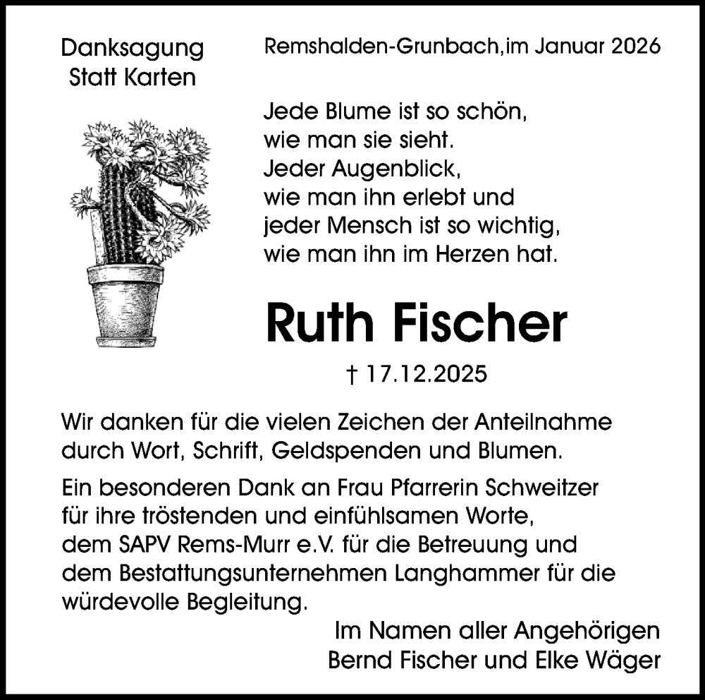  Traueranzeige für Ruth Fischer vom 17.01.2026 aus Waiblinger Kreiszeitung