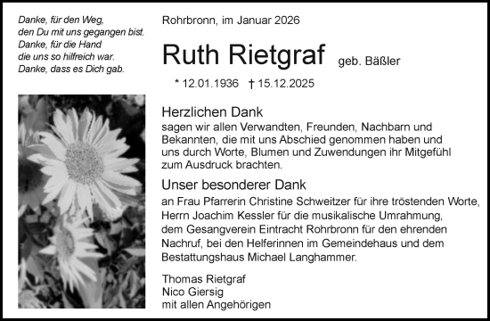 Traueranzeige von Ruth Rietgraf von Waiblinger Kreiszeitung