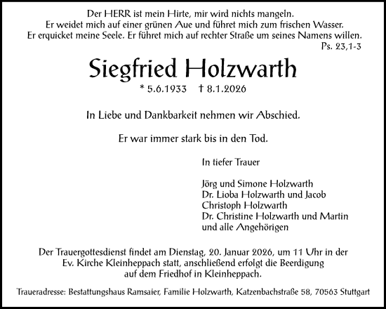Traueranzeige von Siegfried Holzwarth von Waiblinger Kreiszeitung
