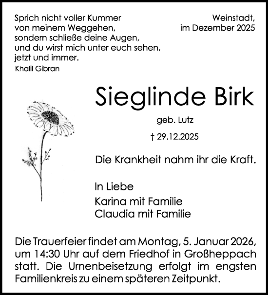 Traueranzeige von Sieglinde Birk von Waiblinger Kreiszeitung