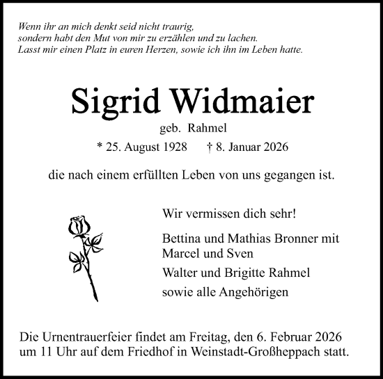 Traueranzeige von Sigrid Widmaier von Waiblinger Kreiszeitung