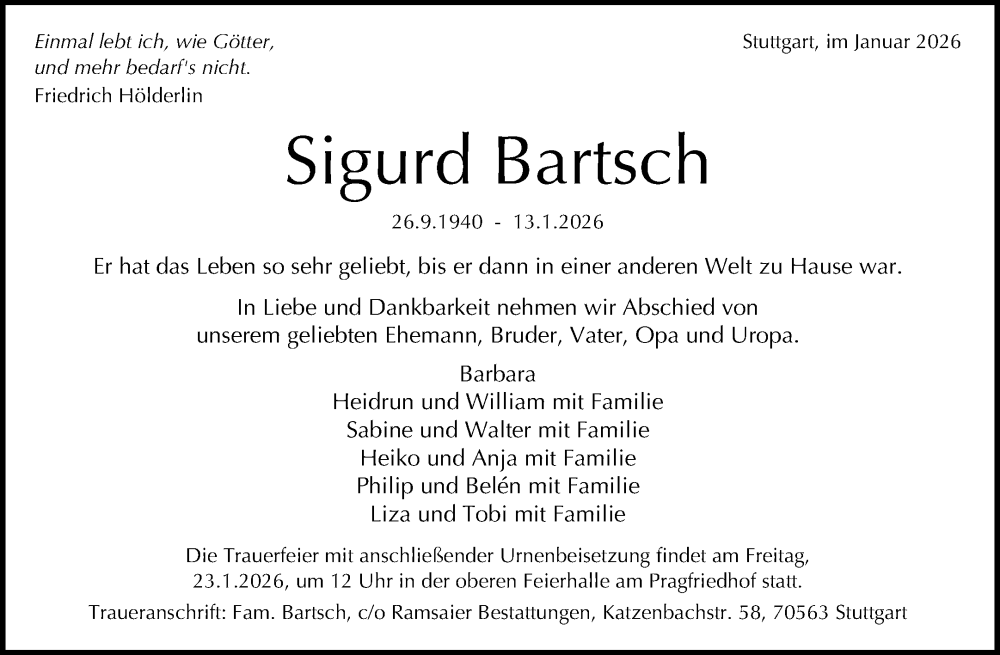  Traueranzeige für Sigurd Bartsch vom 17.01.2026 aus Waiblinger Kreiszeitung
