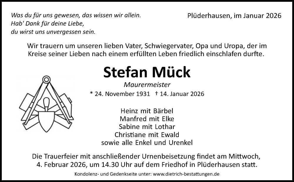  Traueranzeige für Stefan Mück vom 28.01.2026 aus Waiblinger Kreiszeitung