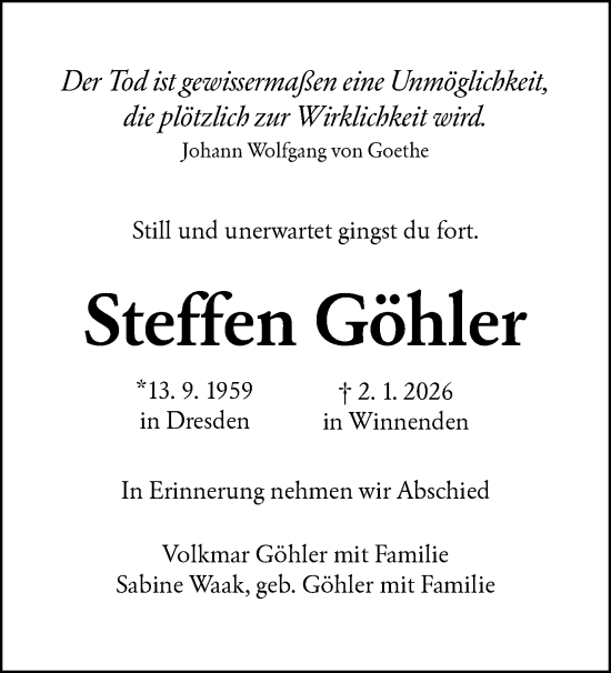 Traueranzeige von Steffen Göhler von Waiblinger Kreiszeitung