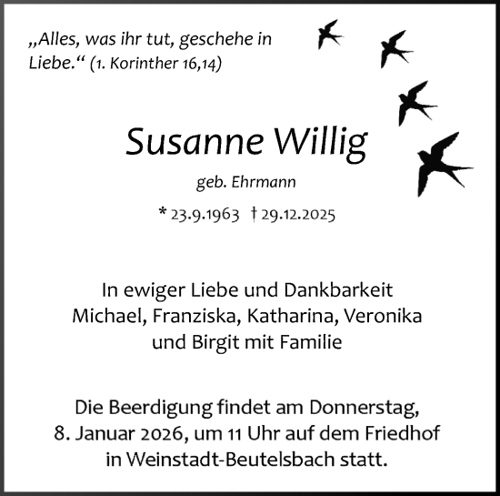 Traueranzeige von Susanne Willig von Waiblinger Kreiszeitung